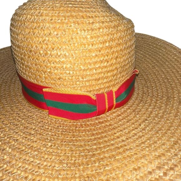 Vintage 80s Banana Republic Wide Brim Straw Raffia size S-M red, green, gold rib - Picture 5 of 10
